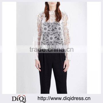 Customized Wholesale Lady's Apparel Long Sleeves Floral Guipure Lace Top(DQM003T)