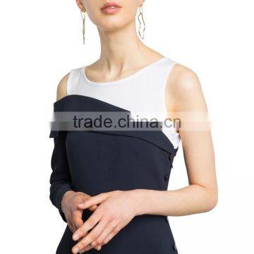HAODUOYI Contrast Colour Fake Two-Piece Style Women Dress Side-buttoned O-neck One Sleeve Lady A-line for Wholesale photo-4