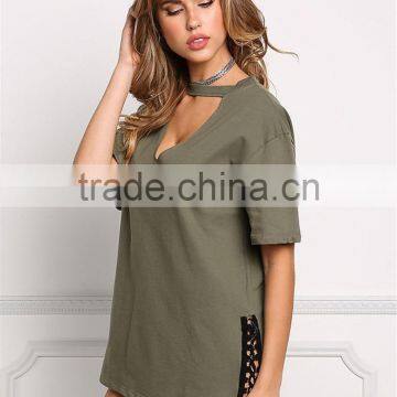 MGOO Customzied OEM Heavy Cotton 300g Tunic Tops Fashion Chocker Loose Oversized Shirts V Cut Out photo-2