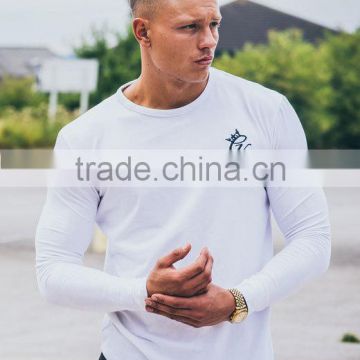 White Long Sleeve Scoop Bottom T Shirt Cotton Elastane Men's Slim Fit Gym T Shirt OEM Long Drop Curved Hem T-Shirt