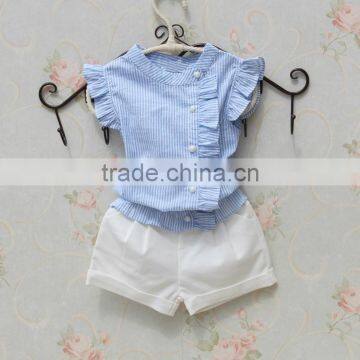 Child Girl Boutique Outfits Pearl Buttons Flutter Shirt With White Shorts Factory Direct Sale photo-2