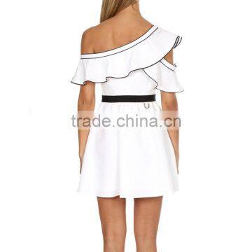 Asymmetrical Ruffle One Shoulder Contrast Pipping Short Dress photo-3