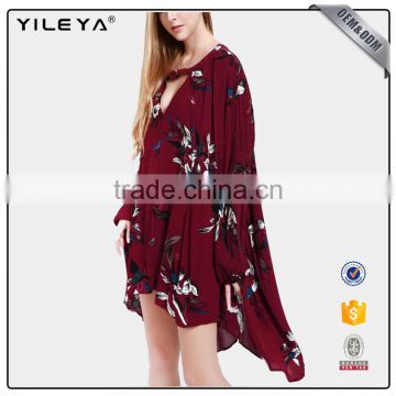 2017 Deep-v floral printed loose long sleeve sexy chiffon dress for lady