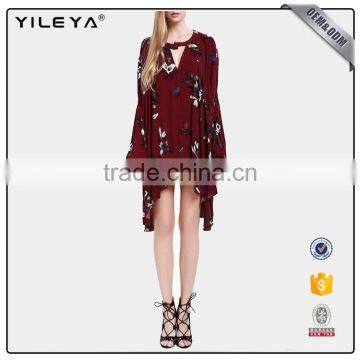2017 Deep-v Floral Printed Loose Long Sleeve Sexy Chiffon Dress for Lady photo-3
