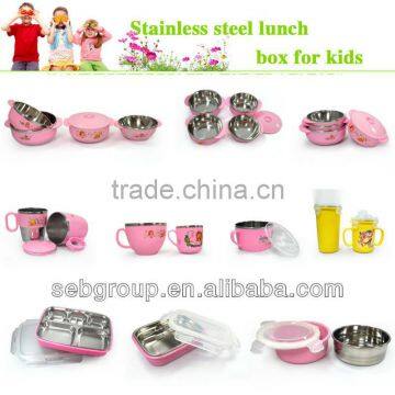 FDA LFGB children cartoon lunch box stainless steel inner and plastic heat resistant outer , kids luch container