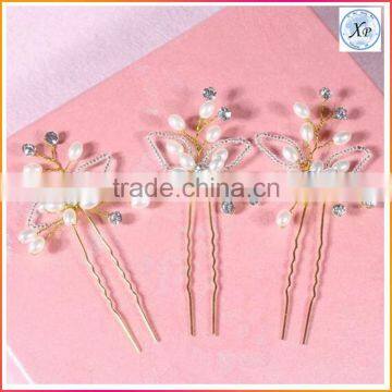 Wholesale Fashion Gold Butterfly Pearl Crystal Hair Clip Comb Jewelry