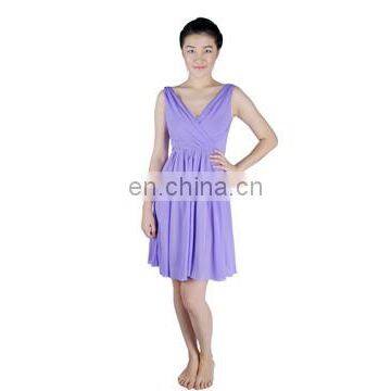 sleeveless V- neck elastic gathers waist purple chiffon dresses for women