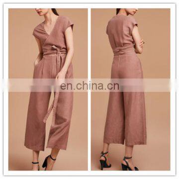 Fashion Cap Sleeves cut-out Linen Blend deep v neck wide-leg women Jumpsuit