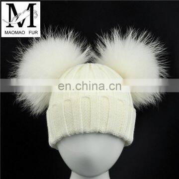 Winter Hat Kids Knitting Beanies Skullies Hat Double Fur Pom Pom Hats