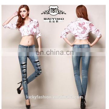 2016 Baiyimo latest hot selling women elastic slim denim jeans