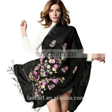 Black Embroidered Wool Scarf for Women Black