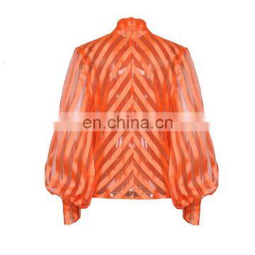 TWOTWINSTYLE Striped Bow Collar Lantern Sleeve Loose Lace Up Women's Shirts 2020 photo-2