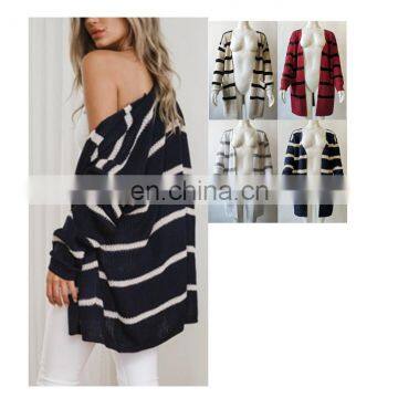 Women long knitted vertical stripes cardigan sweater