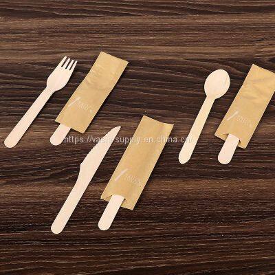 Eco-friendly wood cutlery individually wrapped in kraft paper wooden fork wooden knife wooden spoon