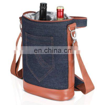 Reusable Custom Blue Denim Cooler Bag Luxury Picnic Leather Bottle 2 Pc Wine Carrier photo-4