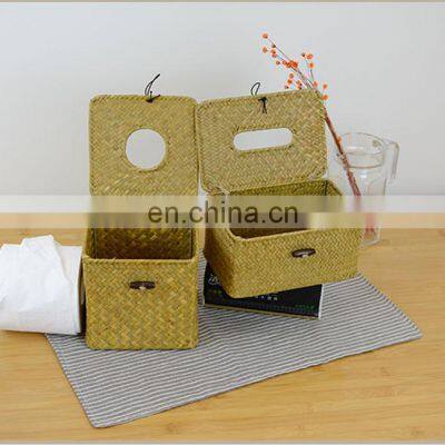 Home Decorative Woven Paper Holder Napkin Dispenser Square Seagrass Facial Tissue Box