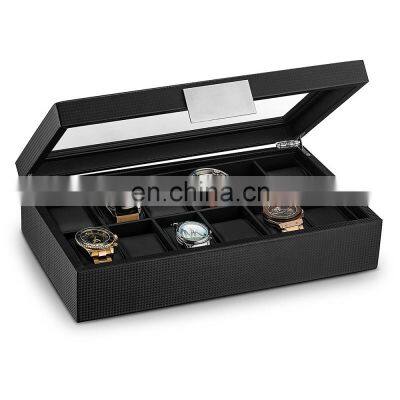 30 Slots Personalized Black Pu Leather Lining Carbon Fiber Watch Box For Wooden