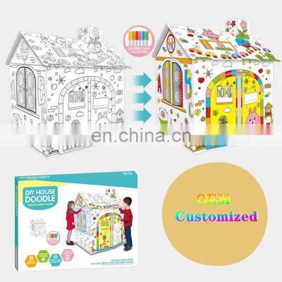 OEM Creative Kids Painting Graffiti Toy Large Paper Children DIY Drawing Doodle Doll Kids House 3D Painted Cardboard House photo-3