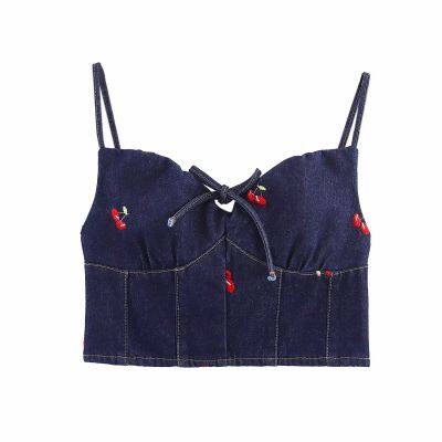 Spring New Product: Cross Border Women's Clothing Street Fashion Embroidered Short Washed Cowboy Strap Top From Europe and America photo-3