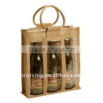 Three Bottle Jute Wine Bag