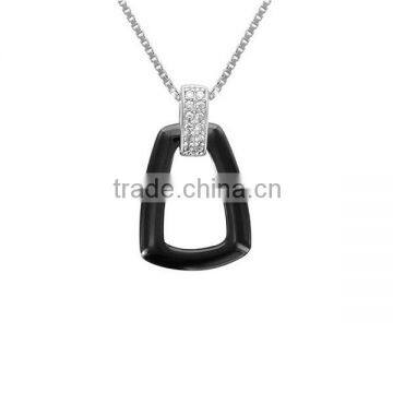 925 Sterling Silver Black Ceramic White Cubic Zirconia Pendant Necklace