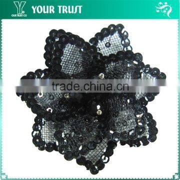 Black Sequin Black Glass Bead Black Tulle Flower Applique Patches
