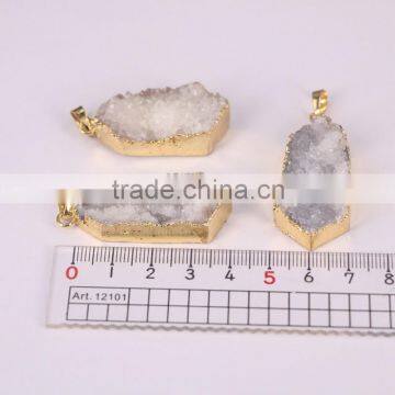 Druzy Quartz Pendant, Polygon Shape Natural Druzy Pendant Gold Edged Gemstone Jewelry