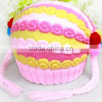 Lovely Candy color knitted hat, stereo stripe children knitted hats, baby hat with pigtail