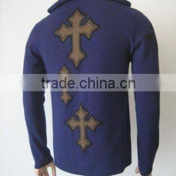 100%cashmere intarsia Men's long sleeve zipper hoodies with embroidery