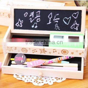 Cute Vintage Wooden Boxes Stationery Bag Double Drawer School Pen/Wooden DIY Pencil Box With Small Blackboard and Drawer photo-2