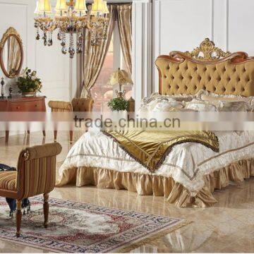 Luxury Crown Shaped Royal Upholstery Bed With Night Stand, Noble Button Tufted Golden Bed Set,Wood Carving Bedroom Furniture Set photo-5