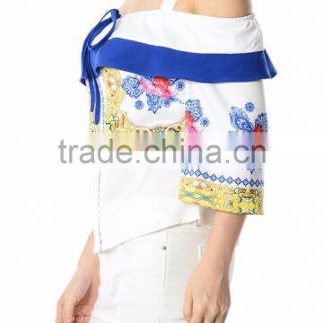 Fashion Design Women Printing Ruffle Tops Cold Shoulder Saree Blouse photo-3