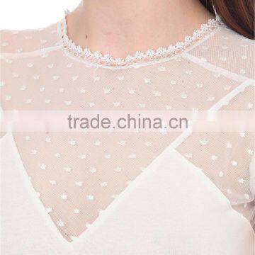 Wholesale Women Sexy Round Neck Short Sleeves Sheer Polka Dot Sleeves and Yoke Straight Hem Cotton Blend T-shirt(DQE0150T) photo-5