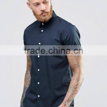 Guangzhou High Quality Custom Short Sleeve Point Collar Mens 54% Cotton 46% Polyester Slim Fit Casual Navy Solid Shirts
