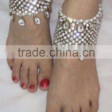 PEARL CRYSTAL Payal ANKLETS Pair Feet Bracelet Gold Plated photo-5
