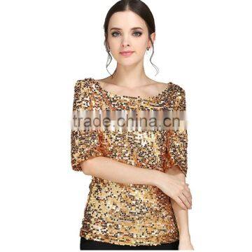 Womens Sequin Paillette Detail Golden Hot Gilrs Tight Shirt photo-4