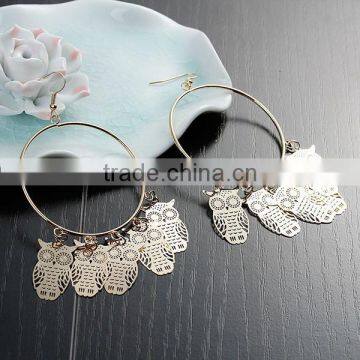 New Fashion Round Gold Plated Halloween Owl Hollow Copper Filigree Stamping Earrings Ear Wire Hooks photo-3