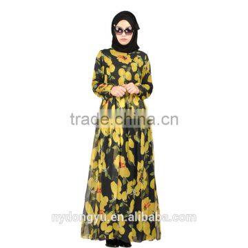 women yellow flower printed muslim dress/baite fancy abaya kaftan muslim shirt/ islamic n muslim womenshirt