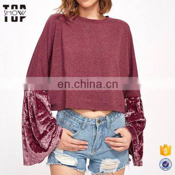 Wholesale crewneck sweatshirt plain sweatshirt custom velvet bell sleeve mixed top