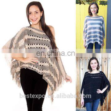 hot sale woman loose tassel wraps spring hollow out sweater wide neck poncho