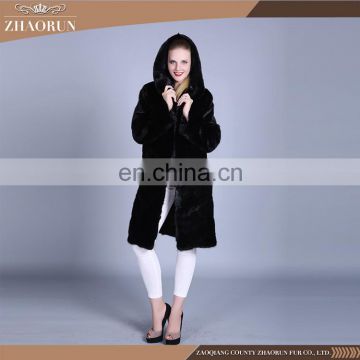 100% Real Fur hooded black mink fur coat hooded mink fur long coat