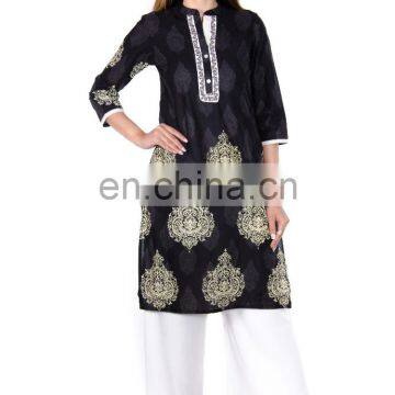 Beautiful Embroidered Black Color Madrian Collared Knee Length net kurti designs Lady kurti Jaipur India