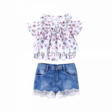 Girl Cold Shoulder Blouse And Lace Demin Short Summer Outfit  Little Girl Outfit Sets Kids Fashionable Clothing