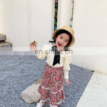 Autumn new girl super western style three-piece Korean little girl knitted top + lace vest + floral half skirt