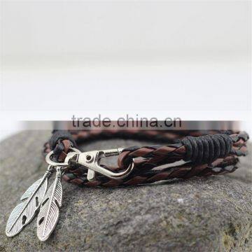 2016new designed bracelet double leaf charm bracelet leather bracelet for men