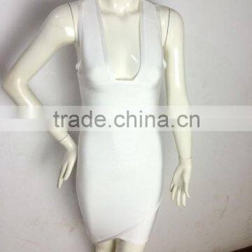 All White V-Neck Back Cross Good Elastic Knitted Bodycon 2015 New HL Bandage Dress Sey Lady Elegant Bodycon Mini Party Dresses