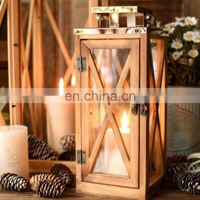 Decorative Patio Decor with Stainless Top and Glass Hurricane Lantern Holder Decor Wooden Lantern for Indoor Outdoor