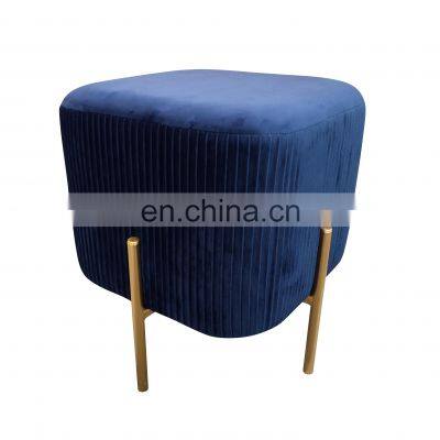 K&B 2021 Hot Sale Blue Iron Mdf Velvet Foam Square Cube Metal Ottoman Stool For Living Room