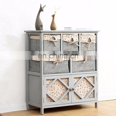 Grey Paulownia Solid Wood Sideboard Drawer Chest with Wicker Baskets