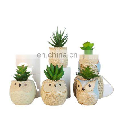 Home Decor Artificial Plant Faux Artificial Plastic Gree Mini Succulent Plants With Owl Animal Pot